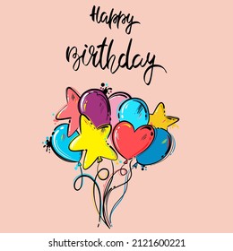 Ilustración vectorial abstracta con globos y confeti. Letras: Feliz cumpleaños.