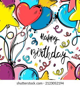 Abstrakte Vektorgrafik mit Ballons und Konfetti. Nahtloses Muster für einen festlichen Hintergrund.