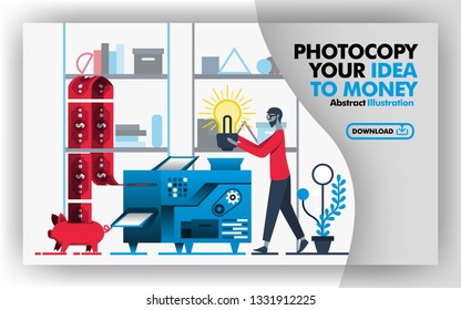 Vector abstract illustration .Banners and website in red, gray, blue with title copy your idea to money. Worker put light bulb into machine and make money that goes into piggy bank. Flat cartoon style