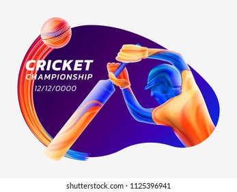 Vector abstract illustration of batsman playing cricket from colored liquid splashes and brush strokes with colored dots. Championship and competition sports. 3d player silhouette.