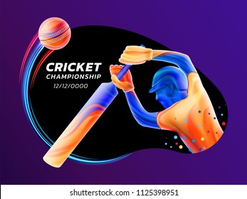 Vector abstract illustration of batsman playing cricket from colored liquid splashes and brush strokes with neon lines and colored dots. Championship and competition sports. 3d player silhouette.