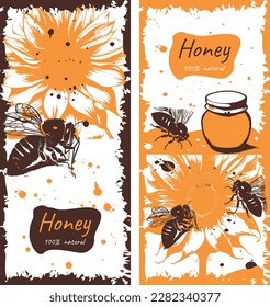 Vector abstract illustration of bees and honey. A set of posters on the theme of honey. Design elements.