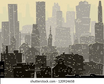 Vector abstract illustration of big city with snowy roofs, windows and skyscrapers in winter.