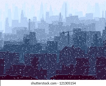 Vector abstract illustration of big city with snowy roofs, windows and skyscrapers in winter.