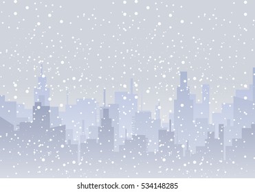 Vector abstract illustration of big city and falling snow.