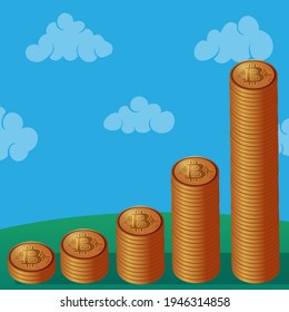 vector abstract illustration of bitcoin growth chart against background of clouds