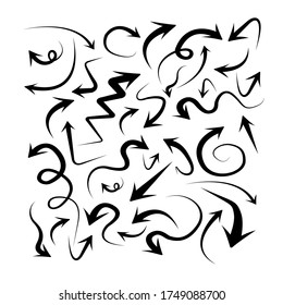 Vector abstract illustration of black hand drawn arrows set. Isolated on white background.