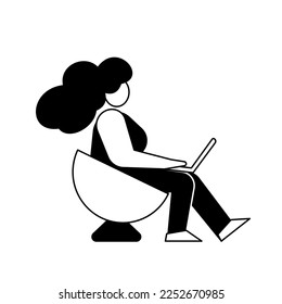 Vector abstract illustration of black and white cool girl in round armchair with laptop on white color background. Flat line art style design of business woman for web, site, banner, poster, print