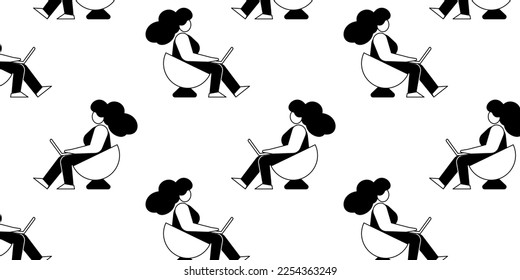 Vector abstract illustration of black and white cool girl in round armchair with laptop on white color background. Flat line art style seamless pattern design of business woman for web, site, banner