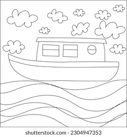 Vector abstract illustration. Black and white illustration. Houseboat on the river. Travel, accommodation, holidays, vacations, adventure. Lines, contours, outline.