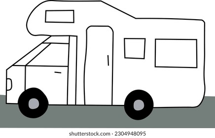 Vector abstract illustration. Black and white illustration. Caravan, holiday, holidays. Holiday in a caravan, accommodation on the go. Car for camping, outlines.