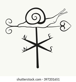 Vector abstract illustration of black and white decorative cartoon hand drawn weather vane. Adult coloring book. Isolated on white background. Eps 8.