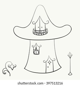 Vector abstract illustration of  black and white decorative cartoon fairytale hand-drawn mushroom house. Adult coloring book. Isolated on white background. Eps 8.