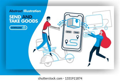 Vector abstract illustration .Blue print, online, banner media about delivery with title SEND AND TAKE GOODS. people send and receive package through a delivery apps on smartphone. Flat cartoon style