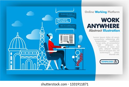Vector abstract illustration .blue and white banner web or poster design about work anywhere. female worker work while on vacation in France. Paris city backgrounds and effel tower. Flat cartoon style