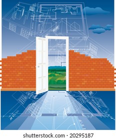 vector abstract illustration with blueprint and brick wall under construction