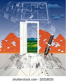 vector abstract illustration with brick wall and blueprint sky