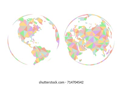 Vector abstract illustration of bright world map decorated with triangle pattern isolated on white background. Template in flat style for website, design, cover, infographics. 