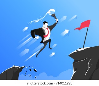 Vector abstract illustration of businessman jumping across the chasm to the success point. Concept success business illustration. Businessman holding the torch, risking and achieving the red flag