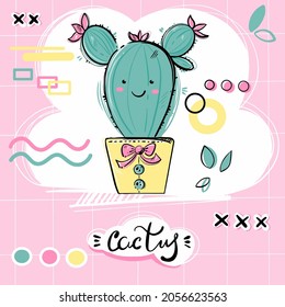 Vector abstract illustration with a cactus in a pot. Holiday postcard