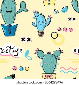 Ilustración abstracta vectorial con un cactus en una olla. Patrón transparente
