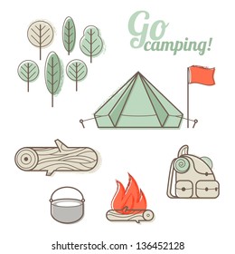 Vector abstract illustration of camping with hiking elements (camp fire, tent, flag, backpack, tree, bowler)