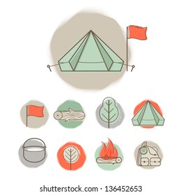 Vector abstract illustration of camping with hiking elements (camp fire, tent, flag, backpack, tree, bowler)