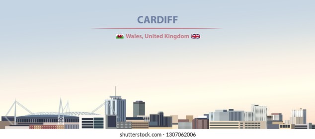 Vector abstract illustration of Cardiff city skyline on colorful gradient beautiful day sky background with flags of Wales and United Kingdom