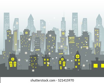 Vector abstract illustration of cartoon city with snow.