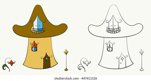 Vector abstract illustration of cartoon fairytale hand-drawn tiny mushroom house with plant and street lamp set. Black and white and colored. Adult coloring book. Isolated on white background. Eps 8.