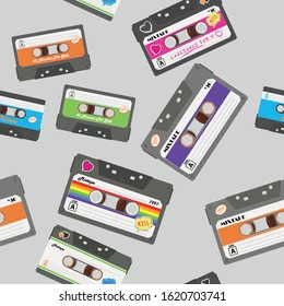 Vector abstract illustration. Cassette with retro label. Vintage object for 70s, 80s, 90s. Revival mix tape design, party poster or cover. Realistic vector sign or icon, seamless pattern