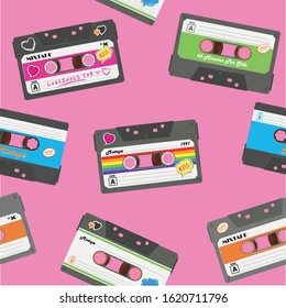 Vector Abstract Illustration. Cassette With Retro Label. Vintage Object For 70s, 80s, 90s. Revival Mix Tape Design, Party Poster Or Cover. Realistic Vector Sign Or Icon, Seamless Pattern