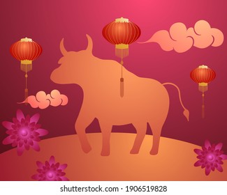 Abstrakte Vektorgrafik des chinesischen Neujahrsfestivals. Bulle Symbol unter Blumen, Wolken und chinesischen Laternen auf rotem Hintergrund mit Mustern.