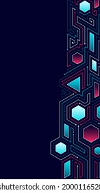 Vector abstract illustration. Chip concept, future, cyberpunk, computer elements. Lines, hexagonal shapes on a classic blue background. Design template for web, banners.