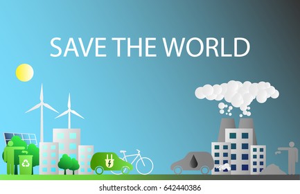 Vector abstract illustration of clean and polluted cities. Ecological problems of modern cities.