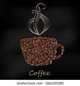 Vector abstract illustration with coffee beans. Coffee house. Coffee background.Cup of coffee