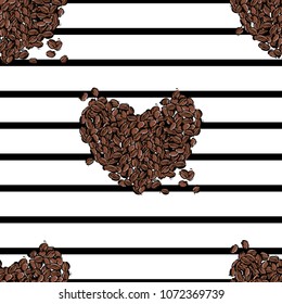 Vector abstract illustration with coffee beans. Seamless pattern with heart for menu design, fabric, wallpaper, postcard, poster and other