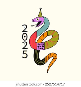 Vector abstract illustration with colored green tree wood snakes and doodle elements.2025 new year celebration poster with lunar zodiac animal, greeting card template. 