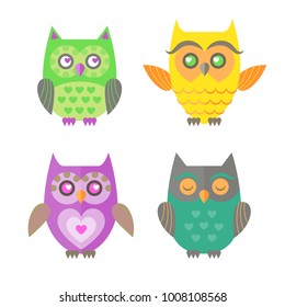 Vector abstract illustration of colorful cartoon funny owls isolated on white background. Flat style. Picture for children book