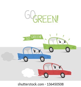 Vector abstract illustration of competition of eco car and cars working on petrol