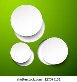 Vector abstract illustration composed of white paper round notes over green background. Eps10.