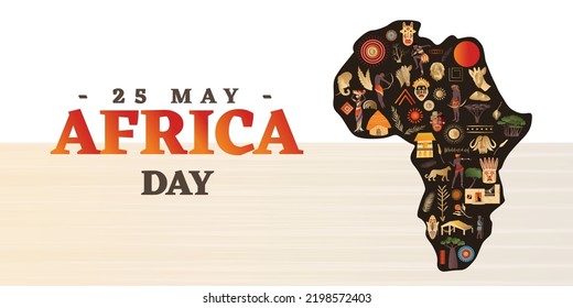  Vector Abstract Illustration, Continent of Africa with traditional elements, houses, people, trees and masks.  Graphic Design Concept. May 25 is Africa Day