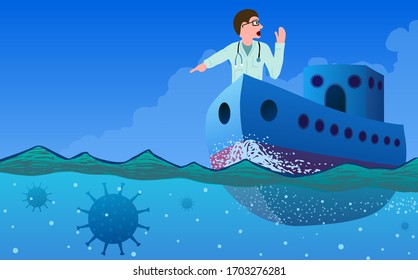 Vector abstract illustration of coronavirus detection and warning by doctors. A ship with a doctor on the nose defining underwater mines in the form of coronavirus.