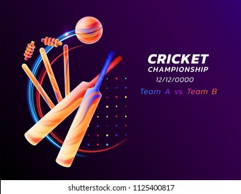 Vector abstract illustration of cricket sport from colored liquid splashes and brush strokes with neon lines and colored dots. Championship and competition concept. Sport equipment.