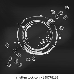 Vector abstract illustration with a cup of coffee and coffee beans. Blackboard. Background for your design menu, postcard, banner, magazine and other.