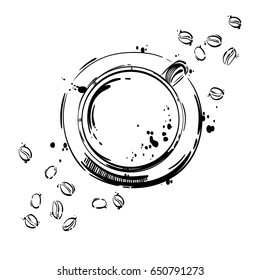Vector abstract illustration with a cup of coffee and coffee beans. Background for your design menu, postcard, banner, magazine and other.