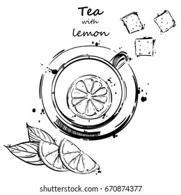 Vector abstract illustration with a cup of tea, a slice of lemon and cubes of sugar. Background for your design menu, postcard, banner, magazine and others.