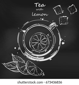 Vector abstract illustration with a cup of tea, a slice of lemon and cubes of sugar. Blackboard. Background for your design menu, postcard, banner, magazine and others.