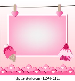 Vector abstract illustration. cupcake and ice-cream on heart Pink color background, whiteboard. colorful, pastel style You can put your text on copy space, Card for greeting or congratulation.