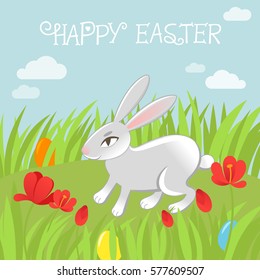 Vector abstract illustration of a cute rabbit with bright easter eggs on a green meadow. Happy Easter greeting card